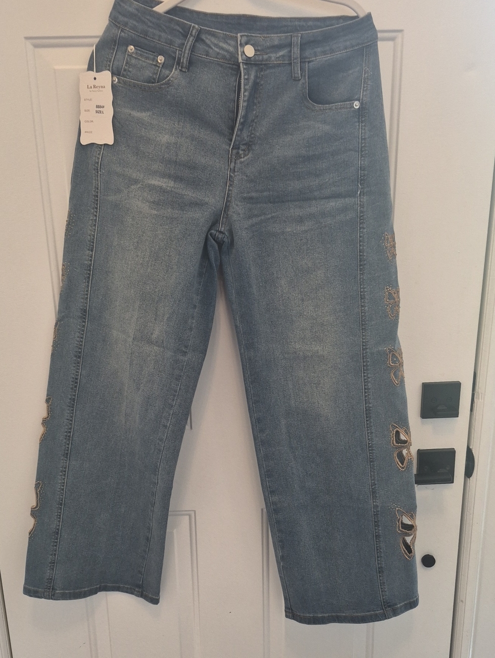 Embroidered Side-Panel Blue Wide-Leg Jeans